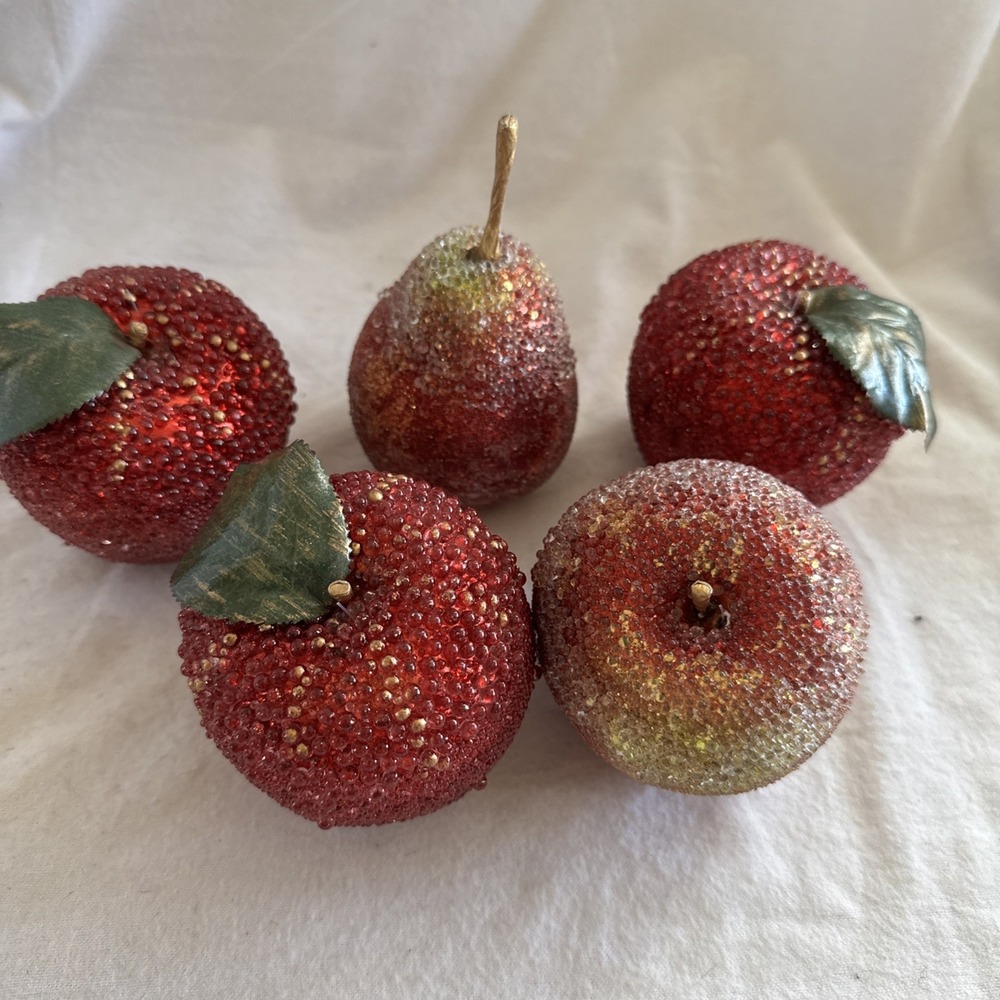 5 Faux FRUIT Beaded Sugared Encrusted Apples Pear Decor Cottage Core Life Size